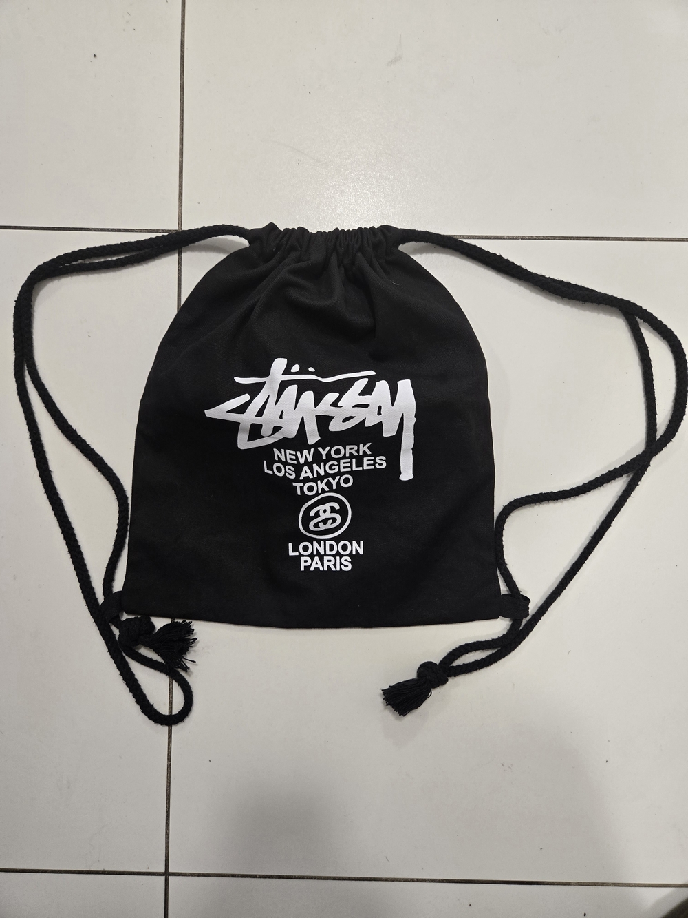 Stussy World Tour Black Drawstring Bag